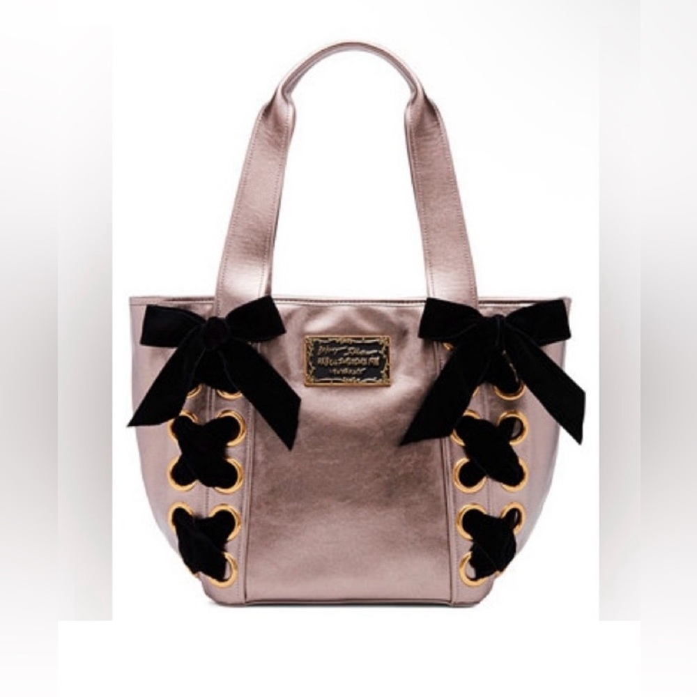 Betsey Johnson Lace-Up Metallic Tote with Black Bows NWOT